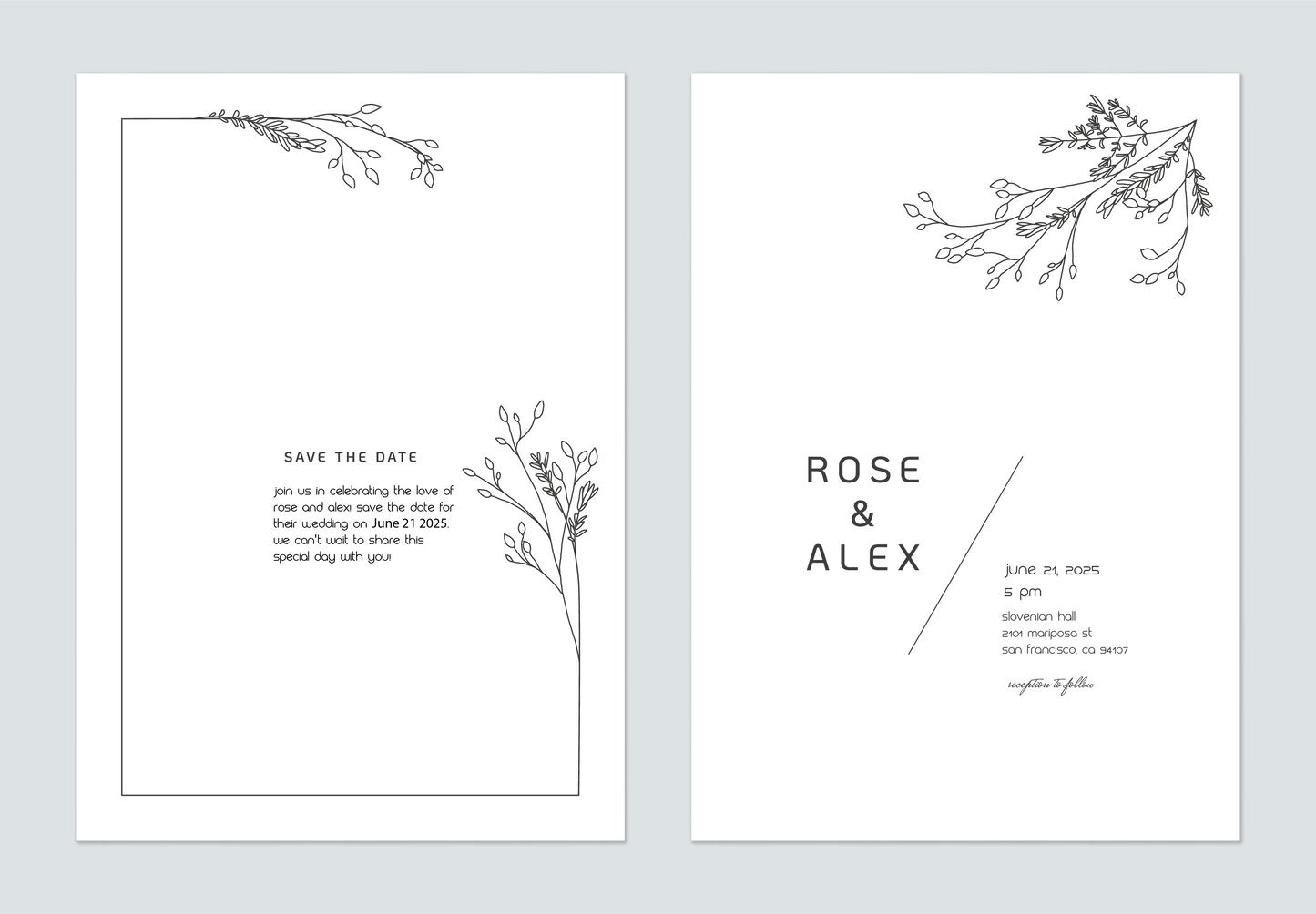 Black and White Minimalist Floral Wedding Invitation