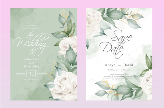 White Rose Sage Background Wedding Invitation